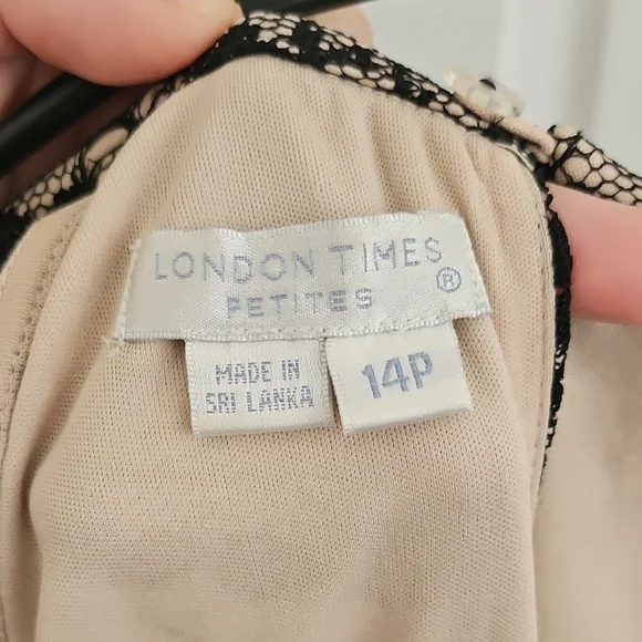 London Times Black Lace over Nude Slip Petite Dress - Picture 3 of 3